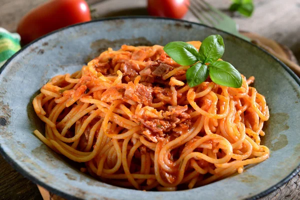 Sabrosa Pasta Espaguetis Con Salsa Tomate —  Fotos de Stock