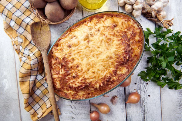 Torta Queijo Caseiro Com Batatas Carne — Fotografia de Stock