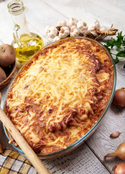 Torta Queijo Caseiro Com Batatas Carne — Fotografia de Stock