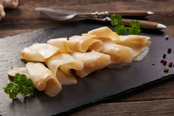 Delicious Smoked Halibut Slices Close — Stock Photo, Image