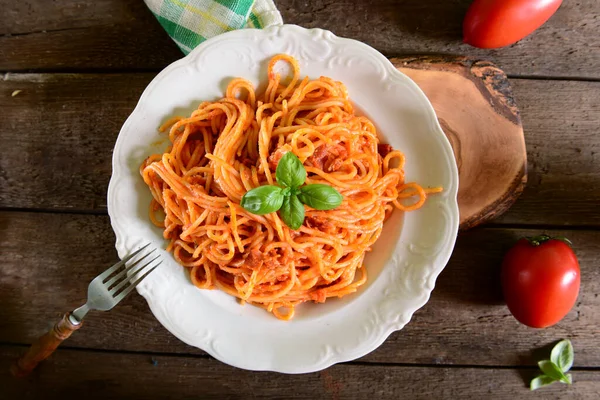 Pasta Espaguetis Con Salsa Tomate —  Fotos de Stock