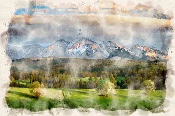 Montanhas Paisagem Pintura Água Imagem — Fotografia de Stock