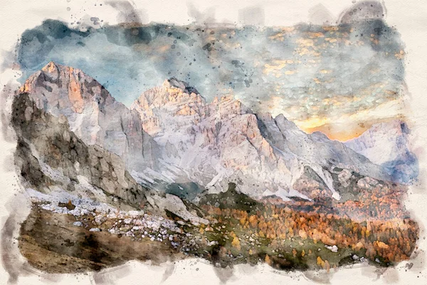 Bellissimo Paesaggio Montagne Durante Autunno Immagine Acquarello — Foto Stock