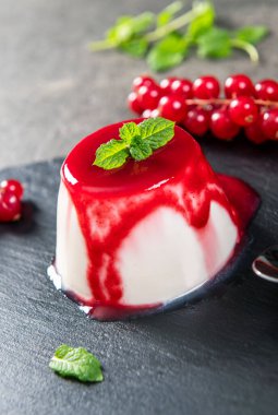 Frenk üzümü soslu lezzetli panna cotta tatlısı