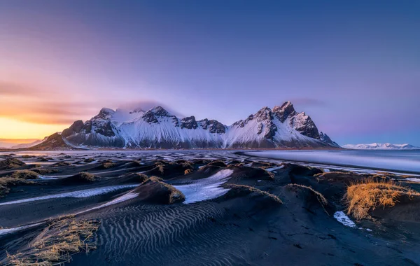Famous Stokksness beach in Iceland during sunset