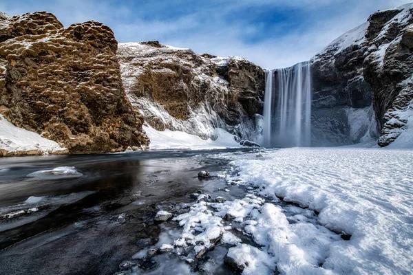 Słynny Wodospad Skogafoss Islandii Zimą — Zdjęcie stockowe