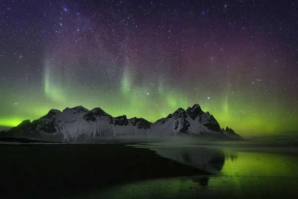 Aurora Borealis Célèbre Plage Stokksness Islande — Photo