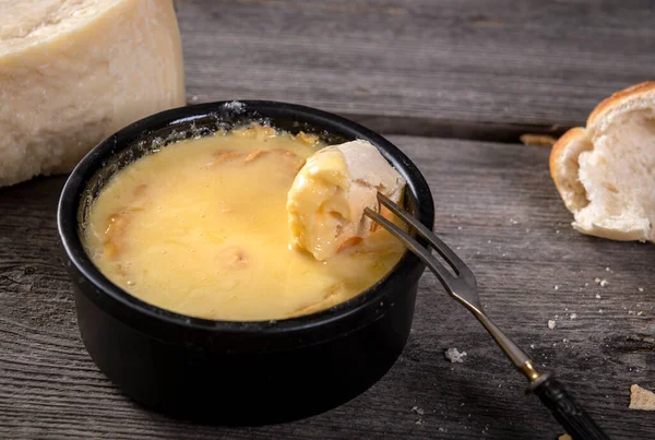 Swiss Fondue Melted Cheese Served Bread — Stock Photo, Image