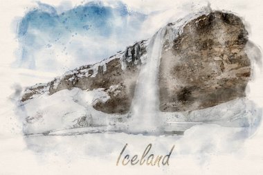 İzlanda 'da kışın ünlü Seljalandsfoss su falı - su boyası