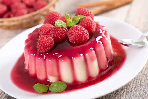 Delicious Panna Cotta Dessert Raspberries Sauce — Stock Photo, Image
