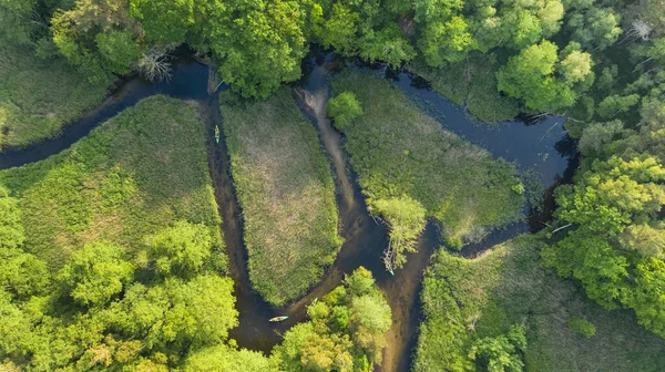 Drone Disparo Río Natual Durante Verano Con Los Pueblos Piragüismo —  Fotos de Stock