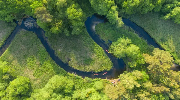 Drone Shot Natual River Summer Canoeing Peoples — Stock Photo, Image