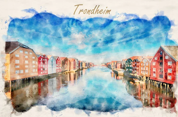 Barevné Domy Nad Vodou Trondheim City Norsko Obraz Akvarelu — Stock fotografie