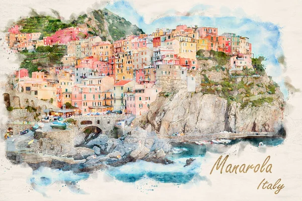 Manarola Jedno Pięciu Miast Cinque Terre Włochy Obraz Farby Wodnej — Zdjęcie stockowe