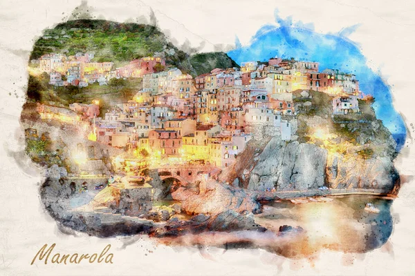 Słynne Miasto Manarola Włoszech Cinque Terre Liguria Obraz Farby Wodnej — Zdjęcie stockowe