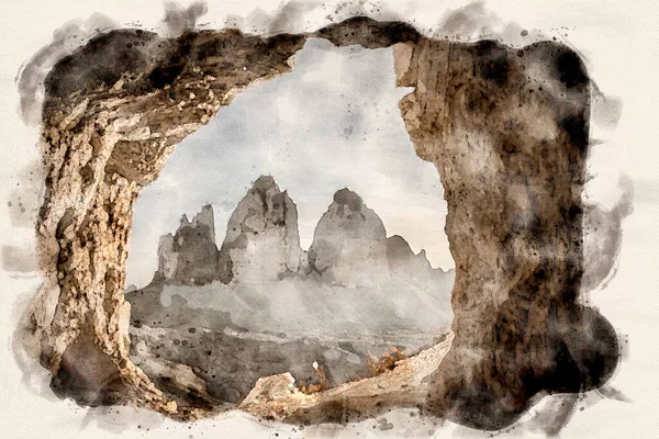 Paesaggio Scuro Maountains Visto Dalla Grotta Acquarello Immagine — Foto Stock