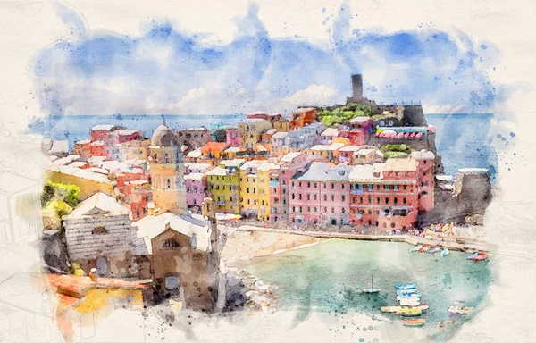 Słynne Miasto Vernazza Włoszech Obraz Farby Wodnej — Zdjęcie stockowe