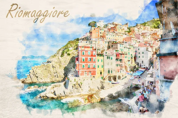 Famous City Riomaggiore Italy Waterpaint Image — Stock Photo, Image