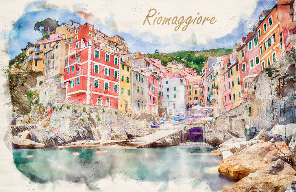 Famous city of Riomaggiore in Italy - waterpaint image