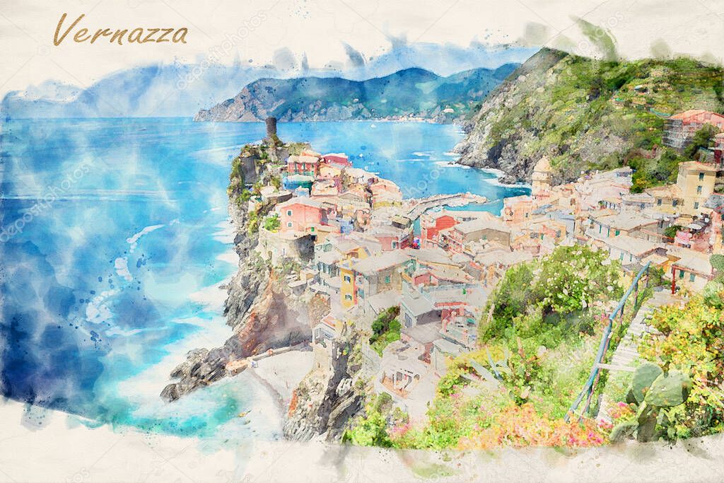 Famous city of Vernazza in Italy waterpaint image