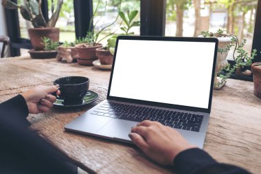 Kafede kahve içerken bilgisayarında boş beyaz masaüstü ekran kullanan ve daktilo kullanan bir kadının görüntüsü