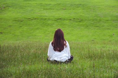 Yalnız güzel çimen çiçek arka plan ile parkta oturan bir kadının arkadan görünüm