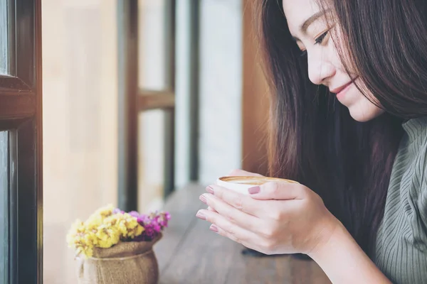 Beautiful Asian Woman Holding Smelling Hot Coffee Cup Loft Cafe — Stock Photo, Image