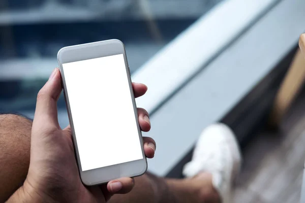 Imagem Mockup Mão Homem Segurando Telefone Celular Branco Com Tela — Fotografia de Stock