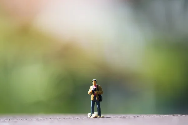 Closeup Image Small Photographer Model Figure Standing Wooden Floor Blur — Stock Photo, Image