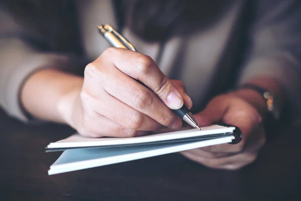 Closeup Image Business Woman Writing Blank Notebook Wooden Table Background — Stock Photo, Image