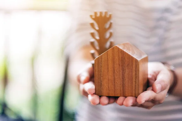 Una Mujer Sosteniendo Una Pequeña Casa Madera Modelo Árbol —  Fotos de Stock