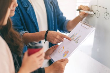 Bir grup iş adamı ofiste beyaz tahtayla fikirleri tartışıyor ve inceliyor.