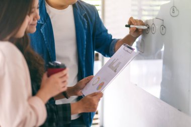 Bir grup iş adamı ofiste beyaz tahtayla fikirleri tartışıyor ve inceliyor.