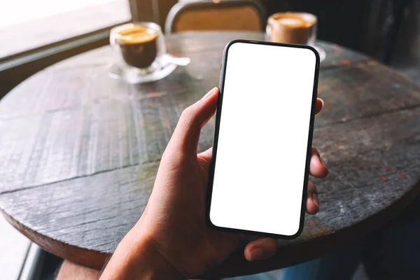 Mockup Obraz Dłoni Gospodarstwa Pokazując Czarny Telefon Komórkowy Pustym Białym — Zdjęcie stockowe