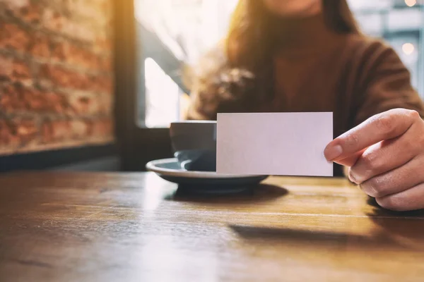 Woman Holding Showing Blank Empty Business Card Someone — Stock Photo, Image