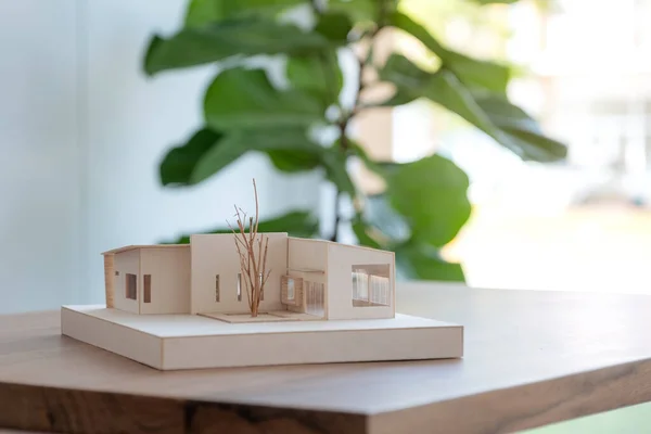 Modèle Architecture Sur Table Bois Dans Bureau Avec Fond Nature — Photo