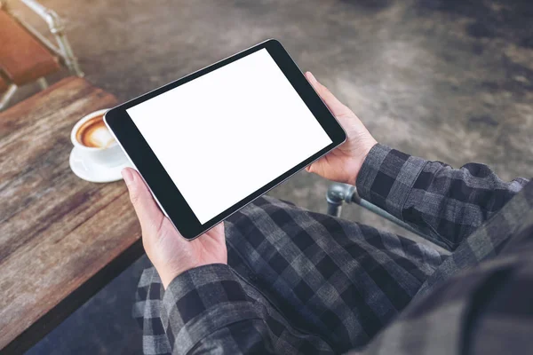 Imagem Mockup Das Mãos Mulher Segurando Tablet Preto Com Tela — Fotografia de Stock