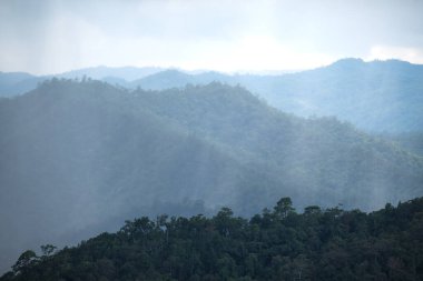 Yağmur yağarken yeşil dağ tepelerinin manzarası