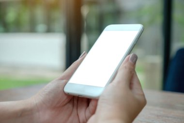 Yeşil doğa arka planına sahip boş masaüstü ekran ile beyaz akıllı telefon tutan bir kadının görüntüsü