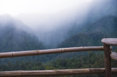 Yağmurlu bir günde yeşil yağmur ormanı tepelerinin manzarası bulutlu gökyüzü arkaplanıyla