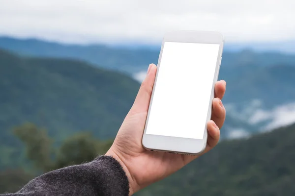 Imagen Burlona Una Mano Sosteniendo Mostrando Teléfono Inteligente Blanco Con —  Fotos de Stock