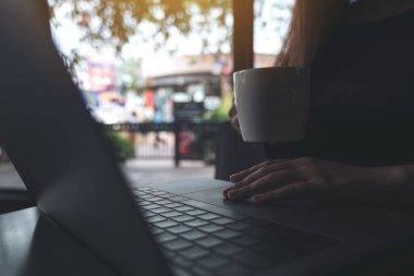 Kahve içerken dizüstü bilgisayarda çalışan ve daktilo kullanan iş kadınının yakın plan görüntüsü