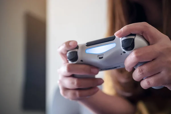 Closeup Image Hands Holding Game Controller While Playing Games — Stock Photo, Image