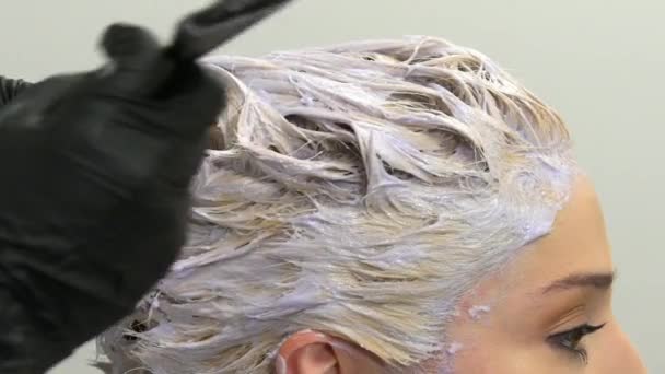 젊은 예쁜 여자의 미용사 염색 머리카락, 슬로우 모션 — 비디오