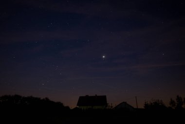 Gece gökyüzü ve ev. Astronomik Fotoğrafçılık, evin üstünde parlak yıldızlar dizini