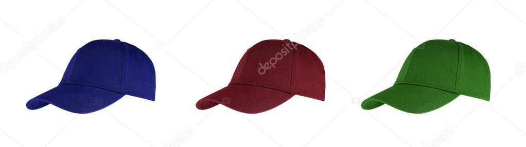 Colorful baseball hats - on a white background.