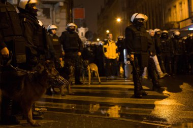 Polis memurları sokak protesto. Sokak ayaklanmalar, polis köpekleri - Polonya.