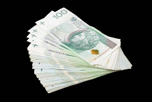 Dinero Polaco Aislado Negro 100 Pln Billetes Sobre Fondo Negro — Foto de Stock