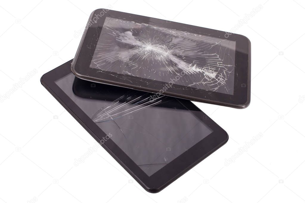 Tablet computer with broken screen. Cracked tablet - glasbruch.