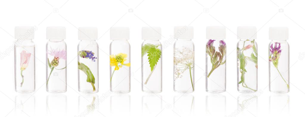 Natural remedies - FLORITERAPIA Bacha. Essential oil, medical bottles floriterapia.
